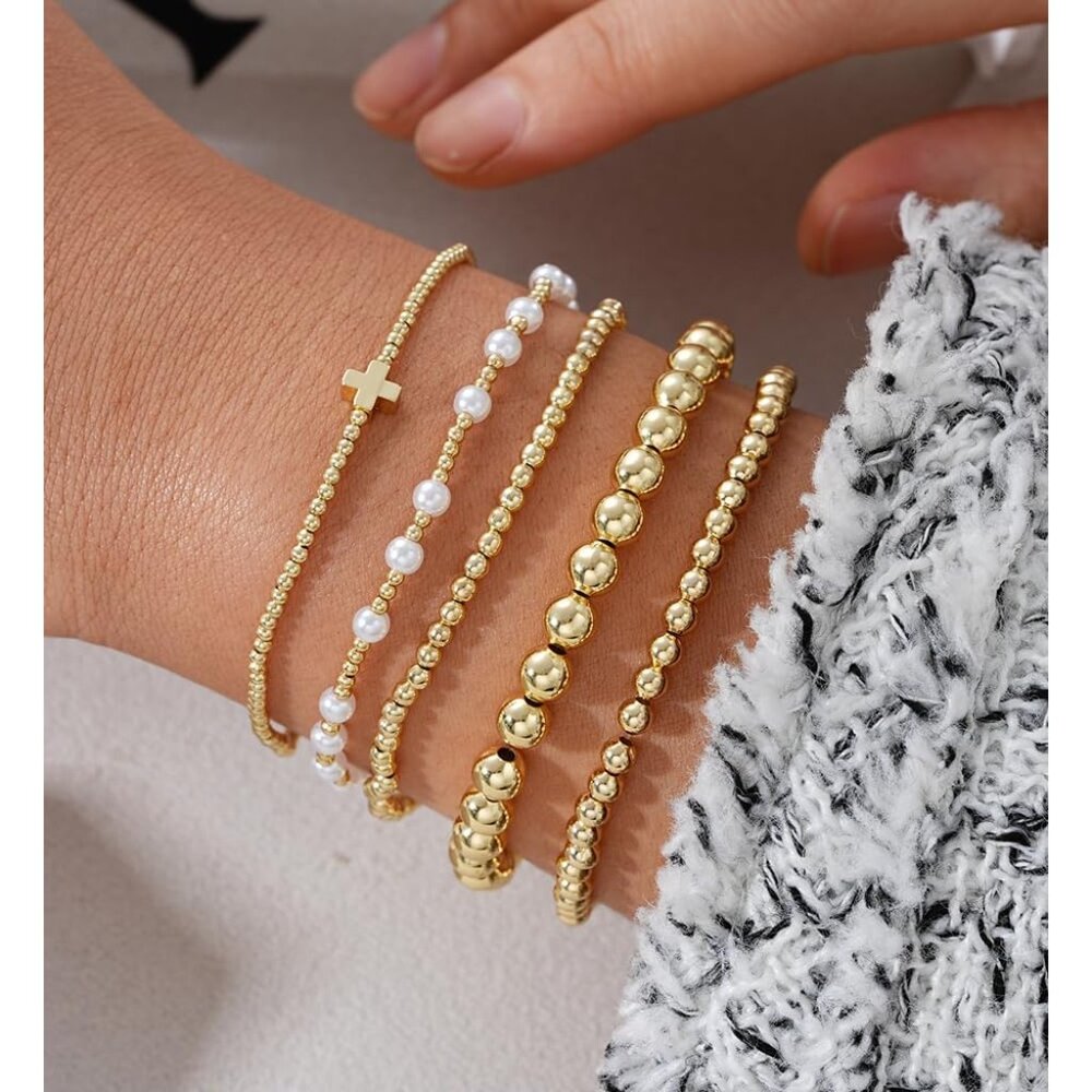 Gold Beaded Stackable Bracelets Set, Trendy 14k G… - image 3